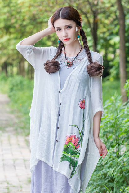 Cardigan Flower Printed Sleeved Irregular Long