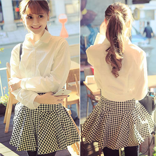 White Long Sleeved Blouse and Houndstooth Skirt