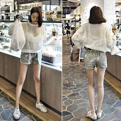 T-Shirt Net Fringed Long Sleeved