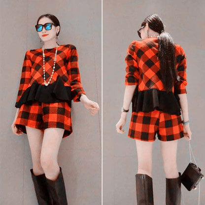 Plaid Long Sleeved Flounced Shirt and Short Pants