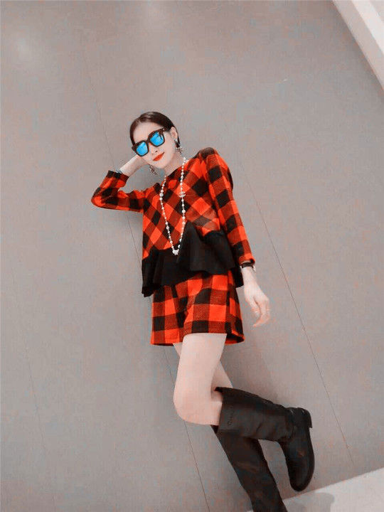 Plaid Long Sleeved Flounced Shirt and Short Pants