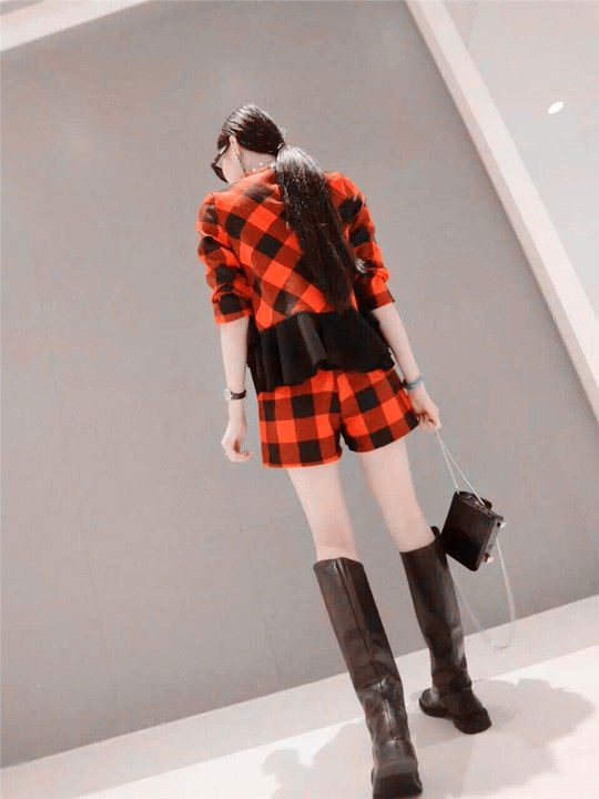 Plaid Long Sleeved Flounced Shirt and Short Pants