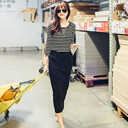 Black Striped Long Sleeved Hooded Long Dress