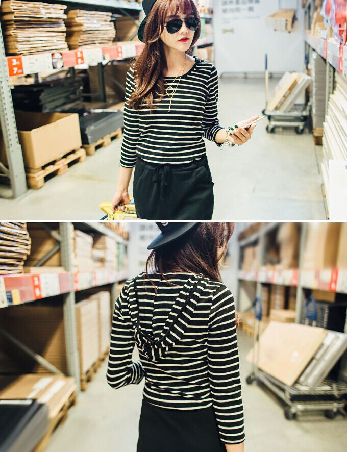 Black Striped Long Sleeved Hooded Long Dress