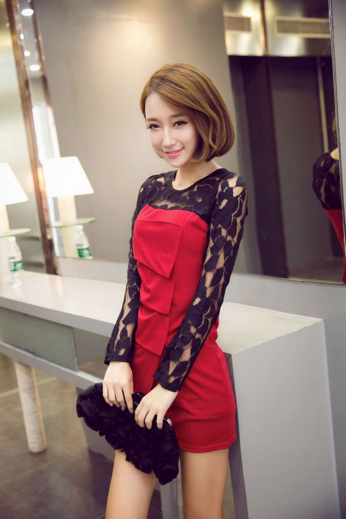 Black Lace Long Sleeved Pleated Dress