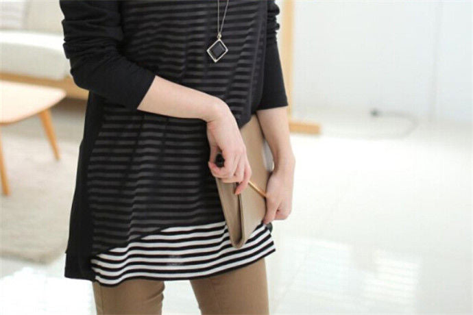 T-Shirt Striped Long Sleeved Fake Two Piece