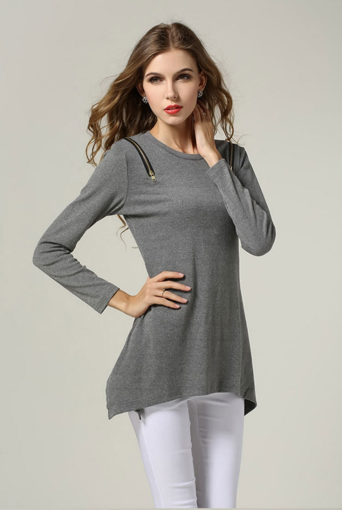 T-Shirt Zipper Long Sleeved Irregular