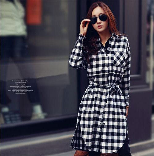 Plaid Long Sleeved Shirt Dress