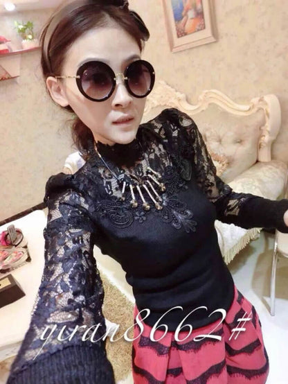 Shirt Lace Long Sleeved High Neck