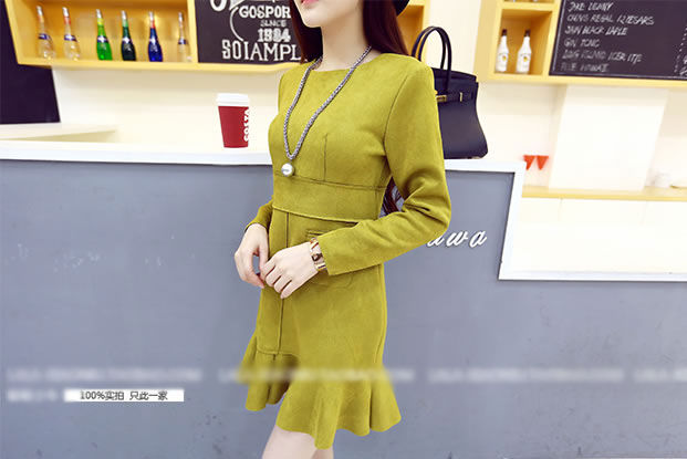 Long Sleeved Slim Flounced Dress