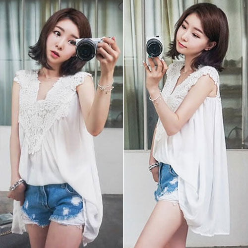 Shirt Sleeveless Crochet V Neck Swing
