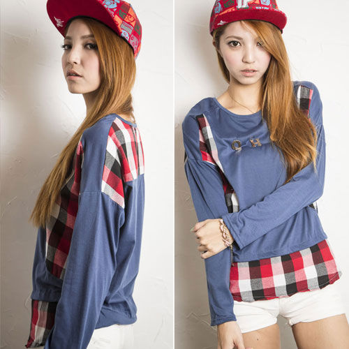 T-Shirt Plaid Long Sleeved Fake Two Piece