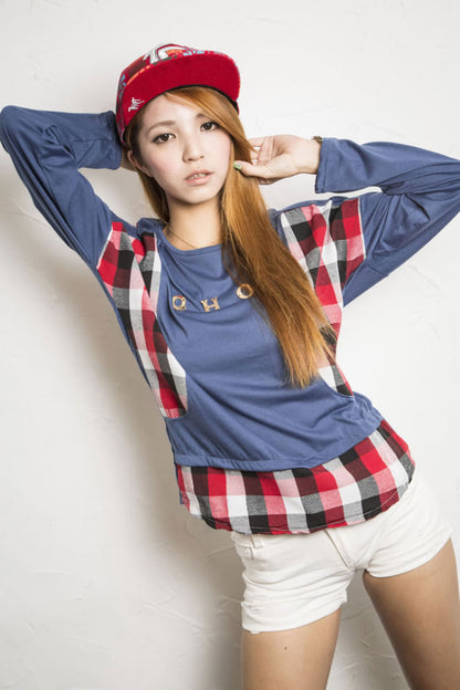 T-Shirt Plaid Long Sleeved Fake Two Piece