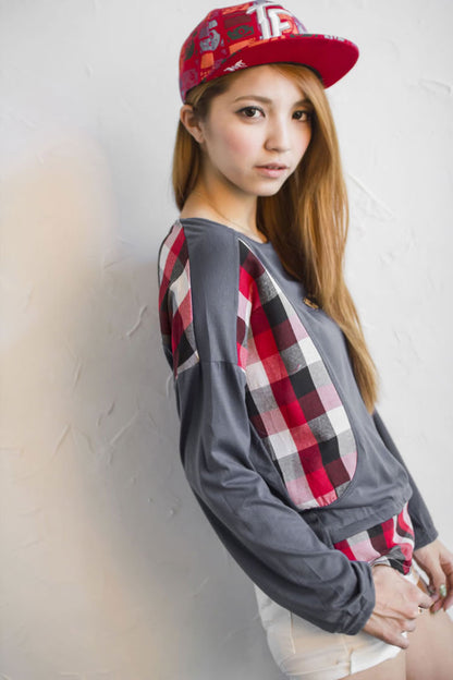 T-Shirt Plaid Long Sleeved Fake Two Piece