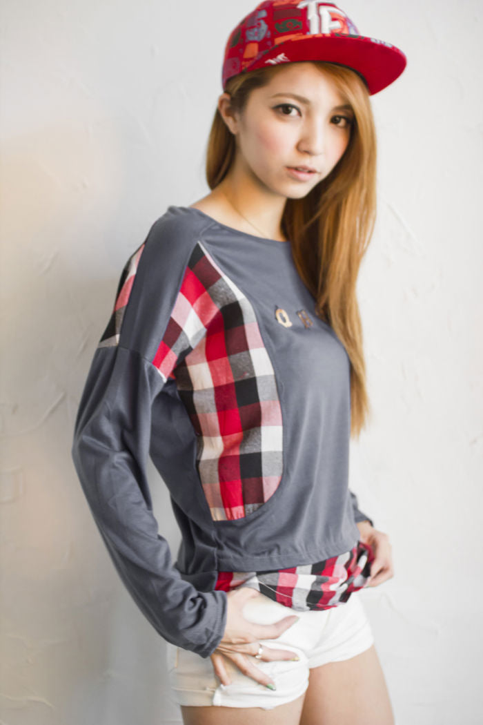 T-Shirt Plaid Long Sleeved Fake Two Piece