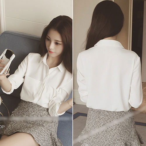 White Long Sleeved Pocket Blouse and Gray Flounced Skirt