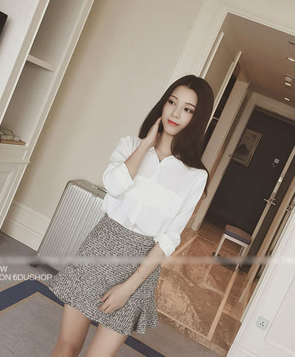 White Long Sleeved Pocket Blouse and Gray Flounced Skirt