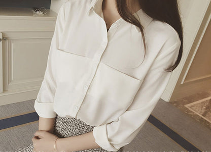 White Long Sleeved Pocket Blouse and Gray Flounced Skirt