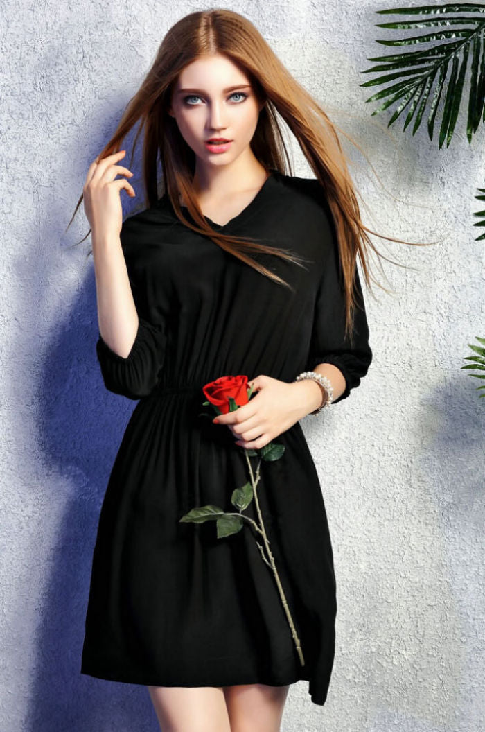 Half Sleeved V Neck Elastic Waist Dress