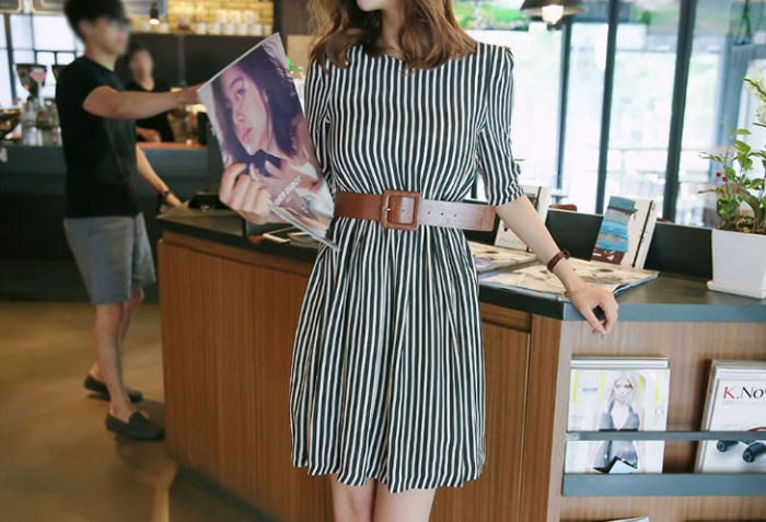 Black White Vertical Striped Short Sleeved Dress with Belt