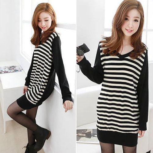 T-Shirt Striped Long Sleeved V Neck