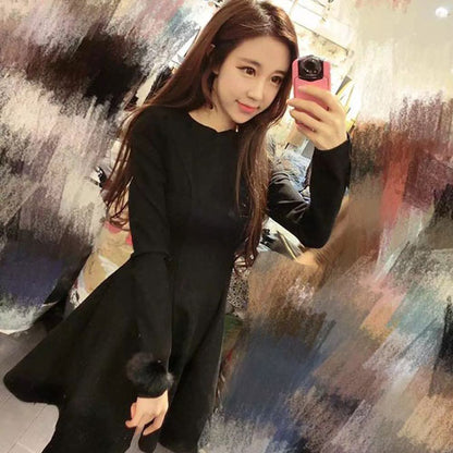 Fur Ball Long Sleeved Korean Dress