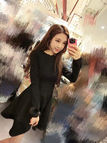 Fur Ball Long Sleeved Korean Dress