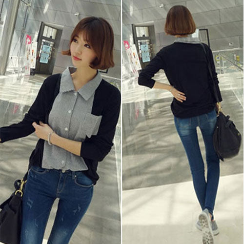 Blouse Black Gray Long Sleeved Pocket