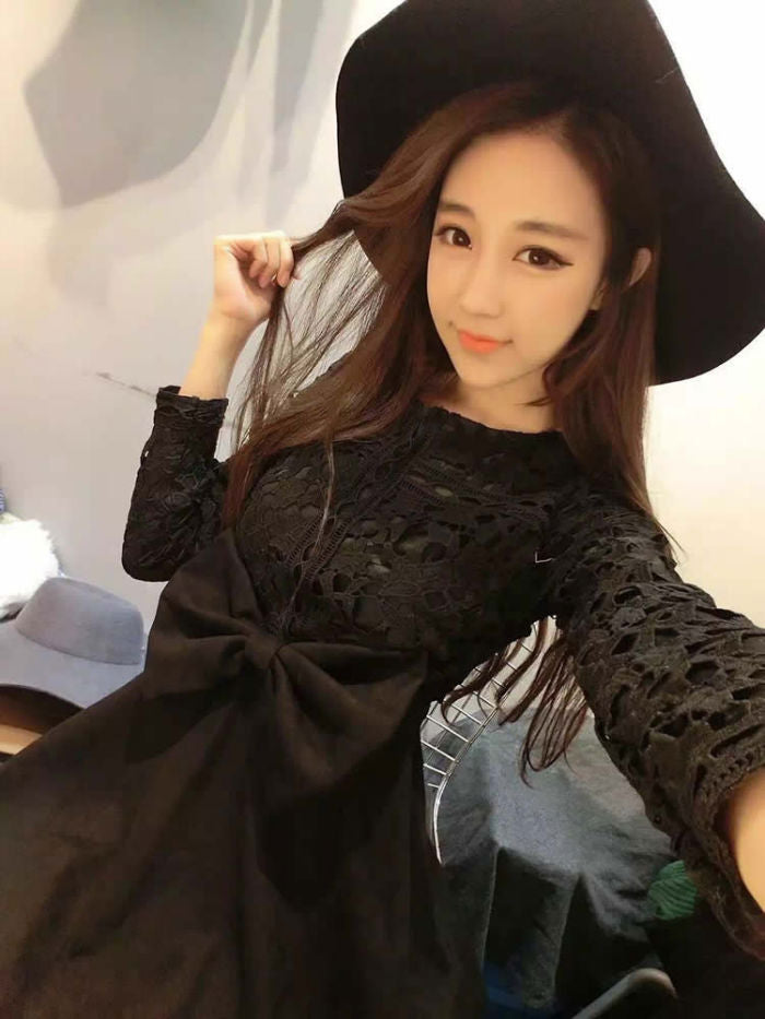 Crochet Long Sleeved Bow Korean Dress