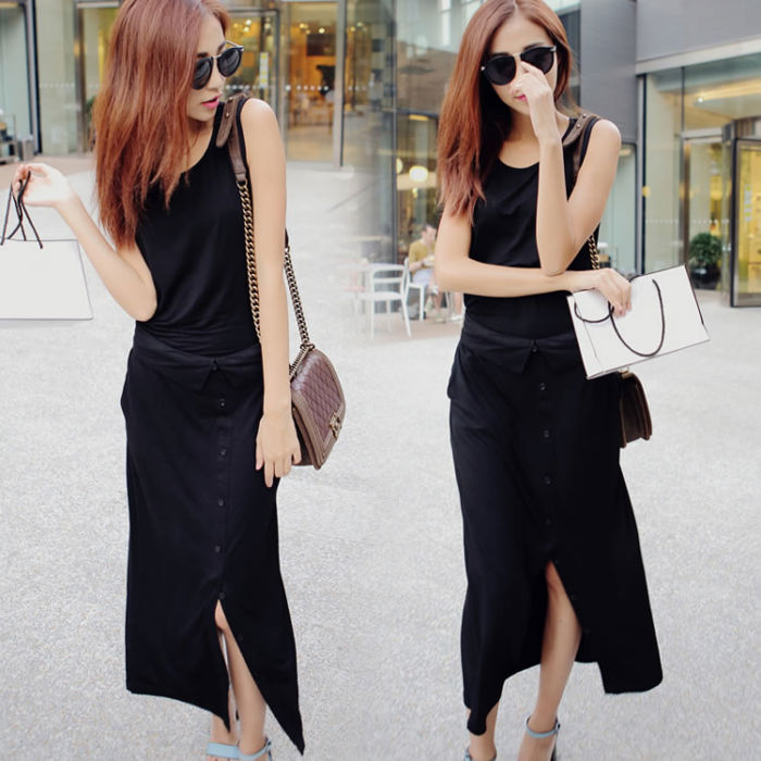 Sleeveless Fake Two Piece Split Dres