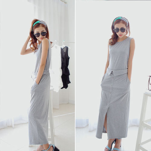 Sleeveless Fake Two Piece Split Dres