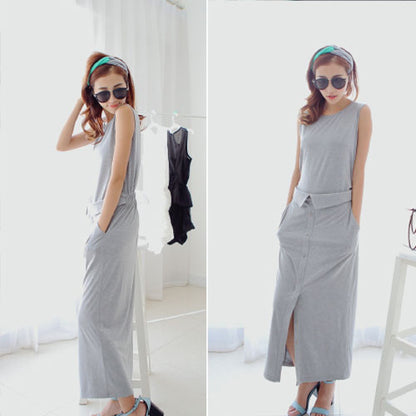 Sleeveless Fake Two Piece Split Dres