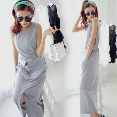 Sleeveless Fake Two Piece Split Dres