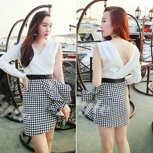 White Plaid One Sleeved V Neck Korean Dress