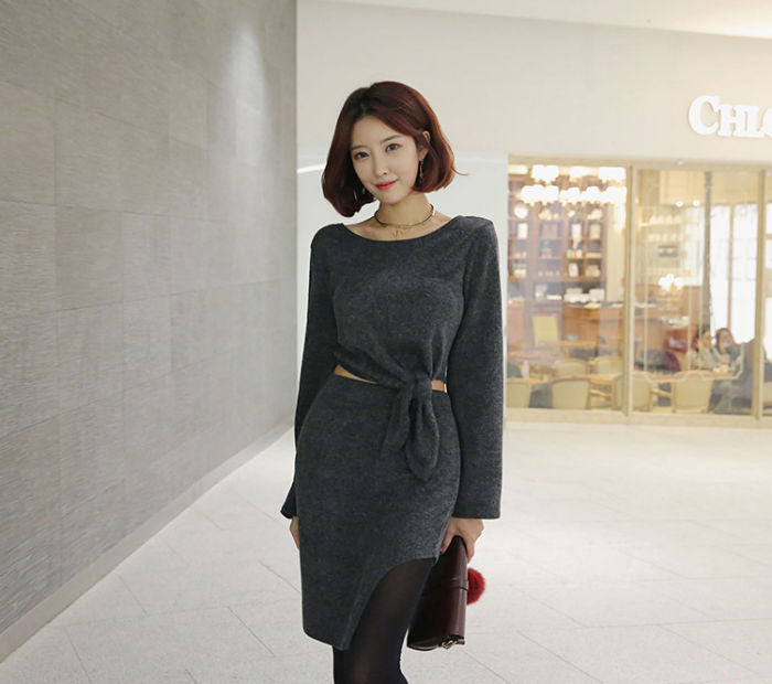 Long Sleeved Tied Shirt and Irregular Skirt