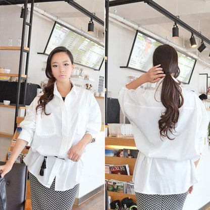 White Long Sleeved Double Pocket Loose Shirt