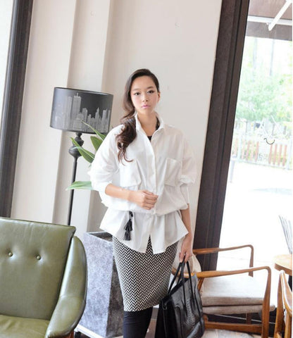 White Long Sleeved Double Pocket Loose Shirt