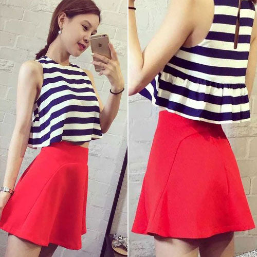 Striped Sleeveless Top and Red Skirt Two Piece