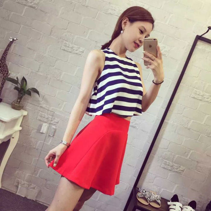 Striped Sleeveless Top and Red Skirt Two Piece