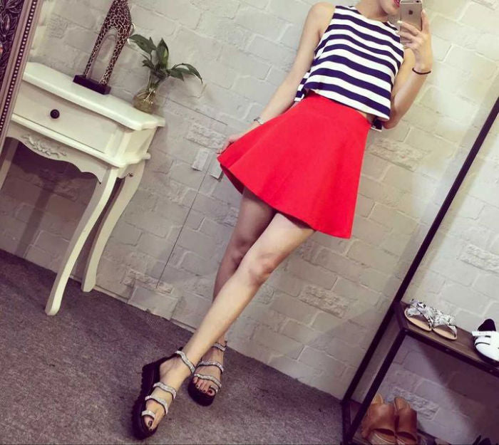 Striped Sleeveless Top and Red Skirt Two Piece