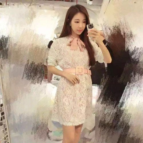 Lace Short Sleeved Tie Dress with Belt