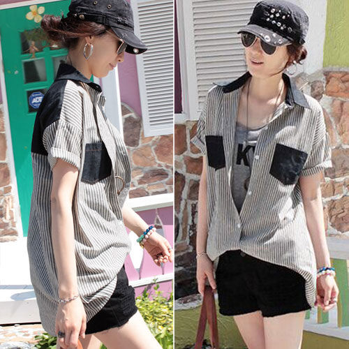 Shirt Striped Short Sleeved Jeans Pockets Collar