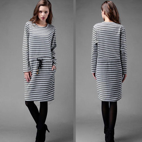 Striped Long Sleeved Drawstring T-Shirt Dress