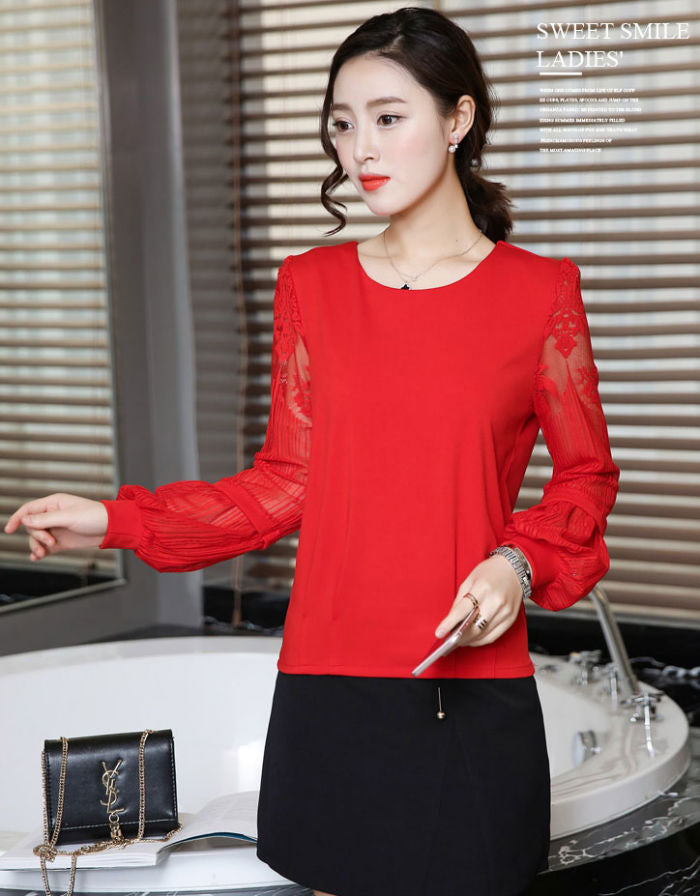 Blouse Chiffon Lace Long Sleeved