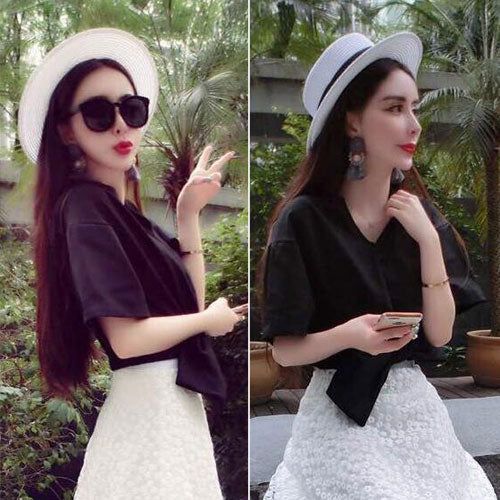 Shirt Short Sleeved V Neck Bow Korean