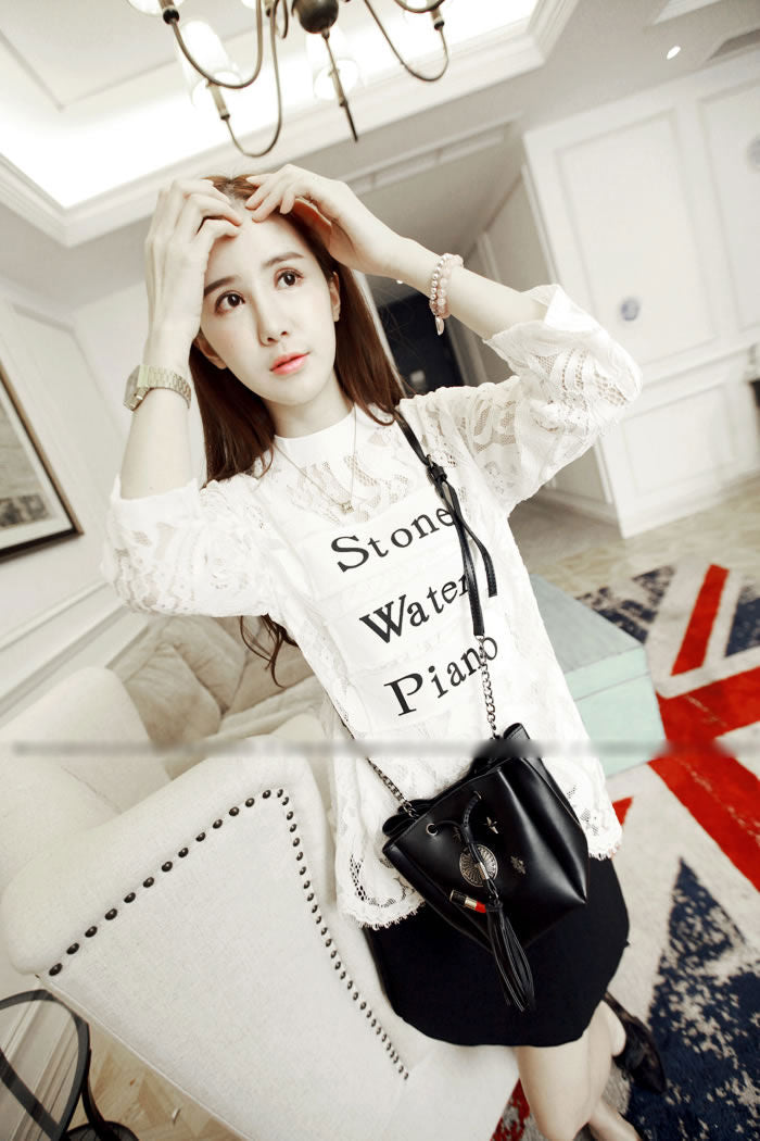 Shirt Lace Sleeved Letters Woman