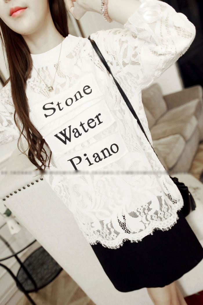 Shirt Lace Sleeved Letters Woman