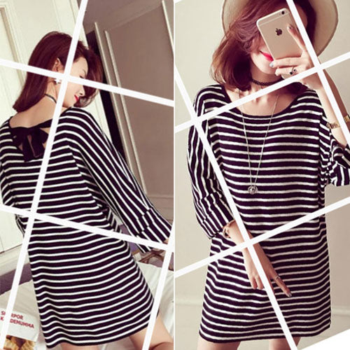 T-Shirt Striped Bow Back Sleeved Long