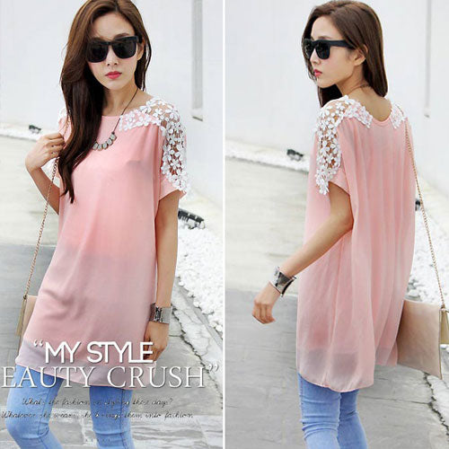 Shirt Chiffon Short Sleeved Lace Shoulder