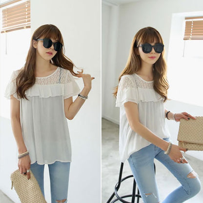 White Short Sleeved Lace Shoulder Flounced Shirt